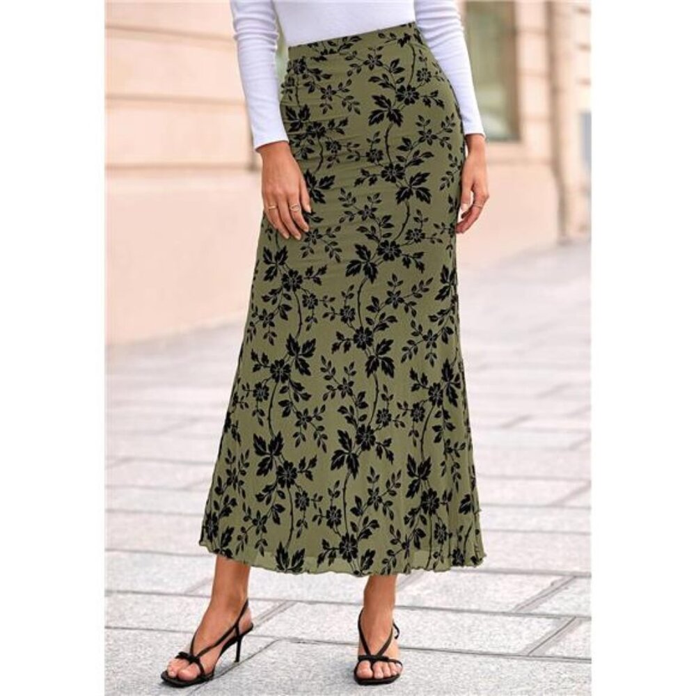 Womens Floral Mesh Maxi Skirt Elastic High Waisted Green